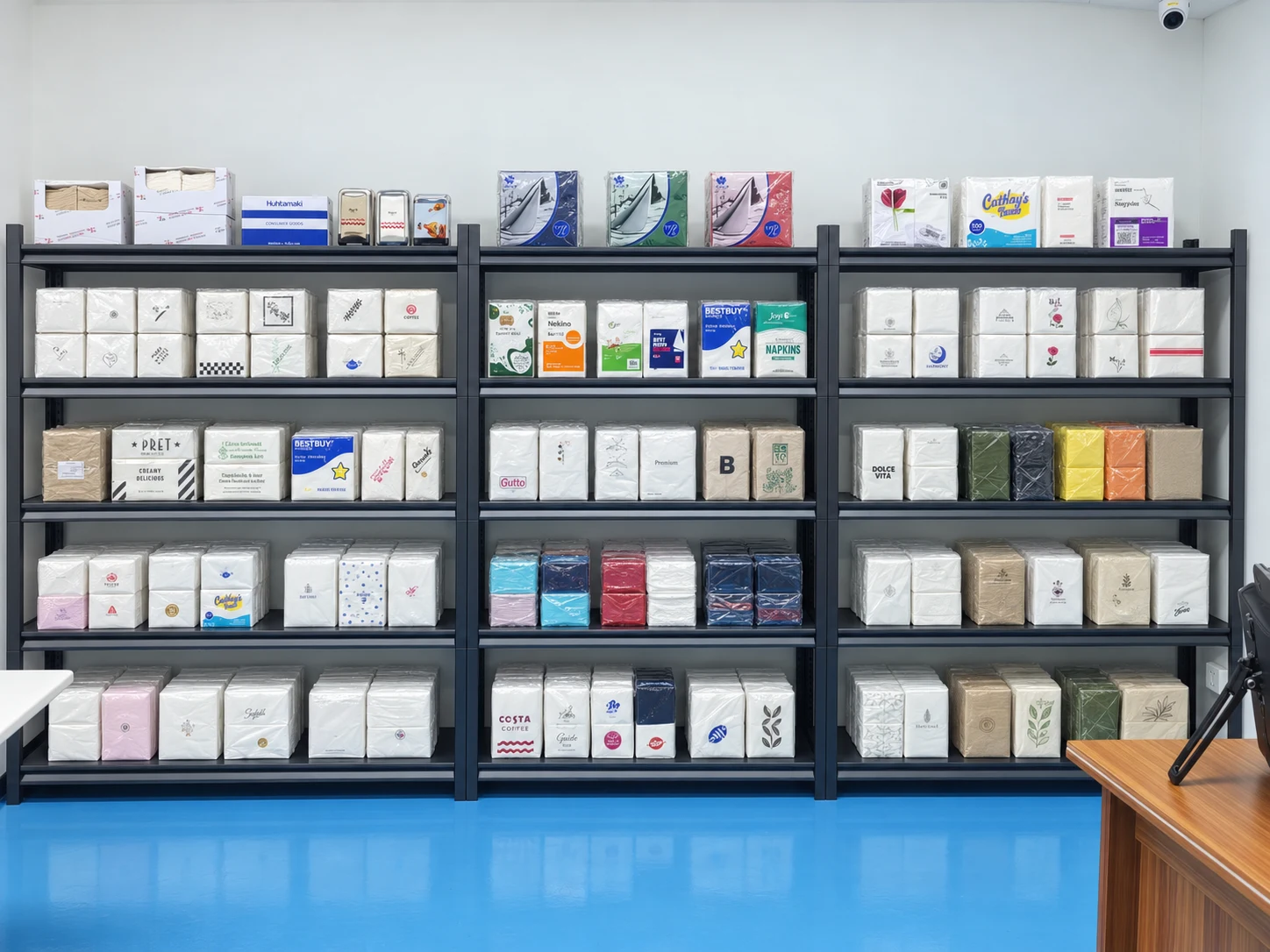 A display of napkin sample materials, colors and printing styles